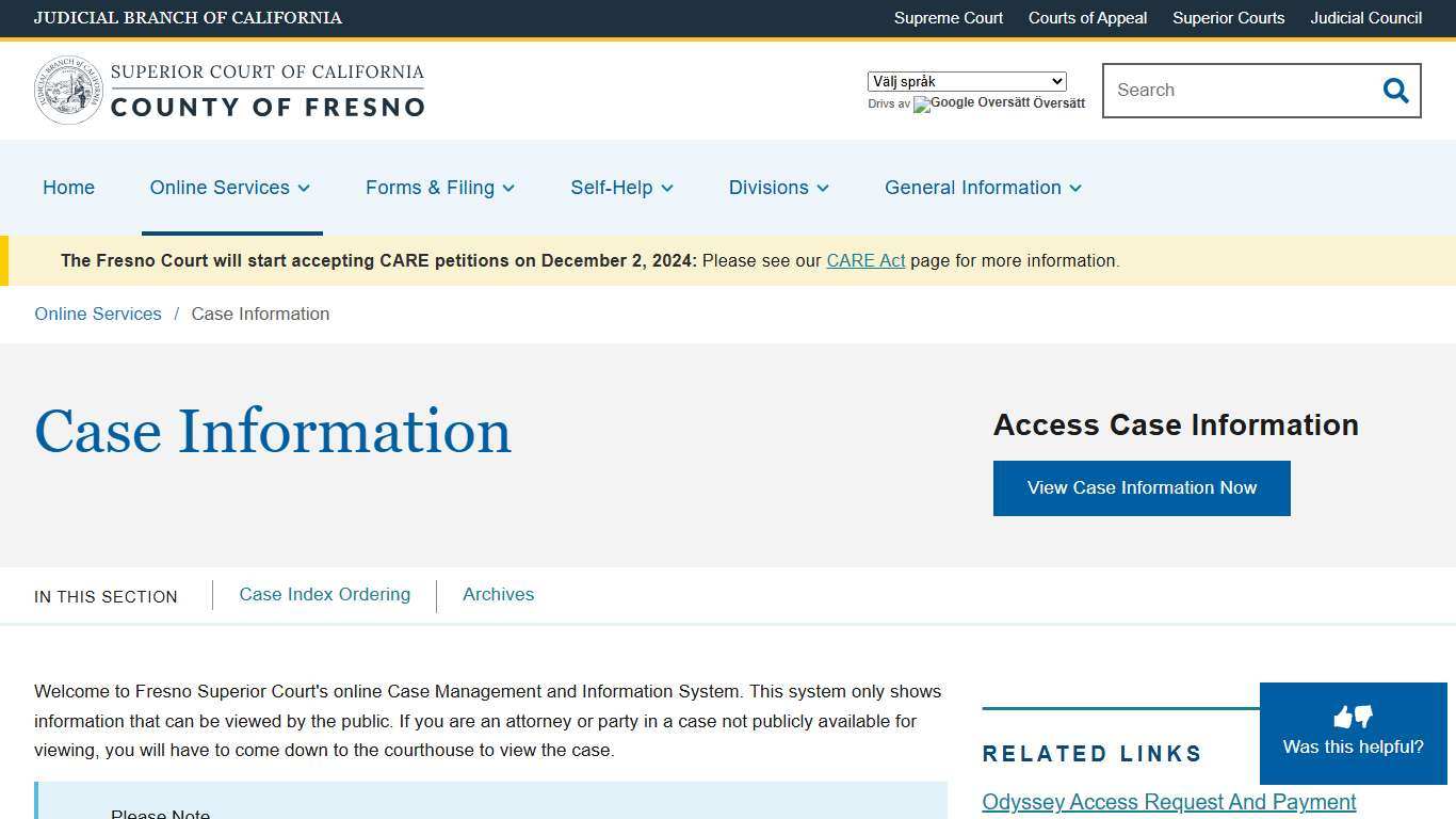 Case Information Superior Court of California County of Fresno